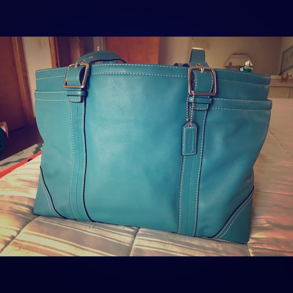 Multifunctional Teal Leather Coach Tote.